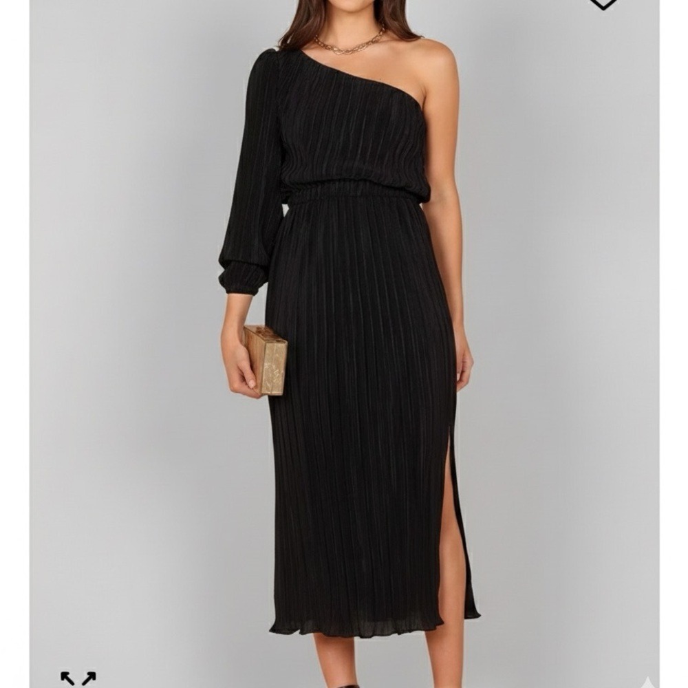 Petal & Pup Black One Shoulder Pleated Midi Dress Balloon Sleeve Side Slit L